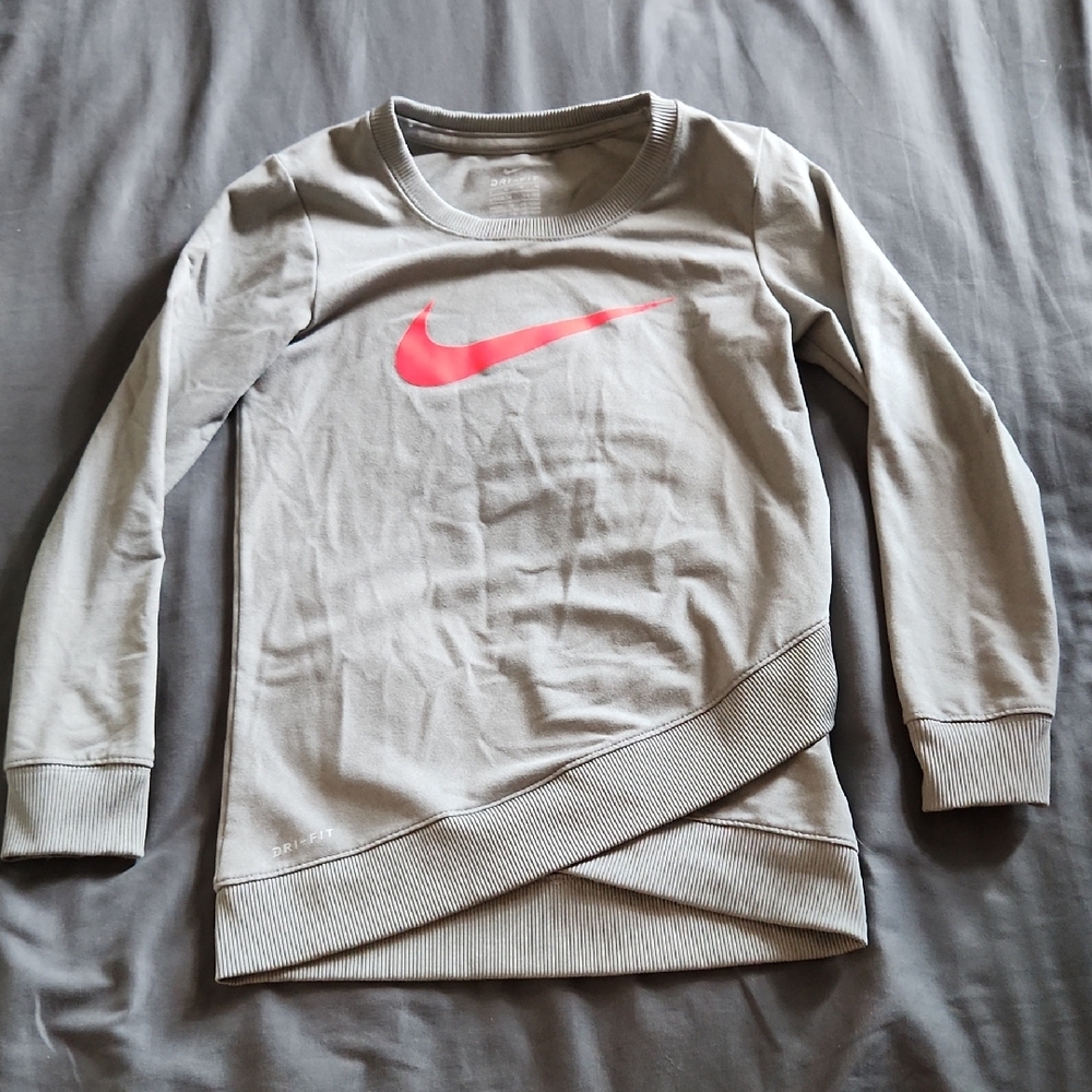 Nike Kids Gray Long Sleeve Tee with Bright Pink Swoosh